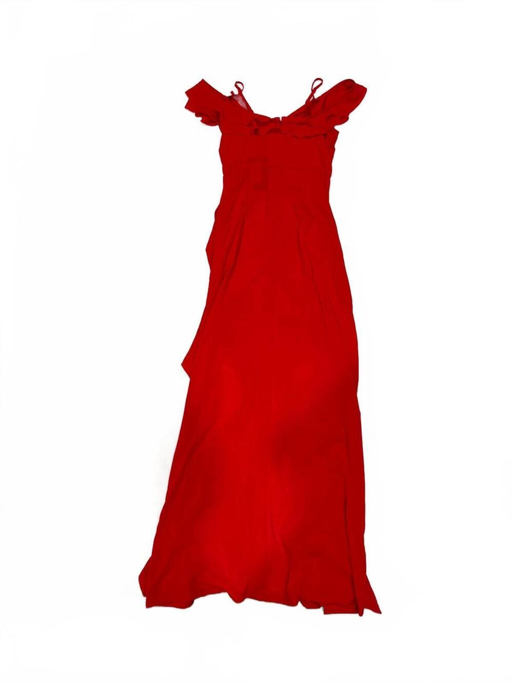 NWT PrettyLittleThing Red Cold Shoulder Ruffle Maxi Dress Size 8 - Picture 5 of 9